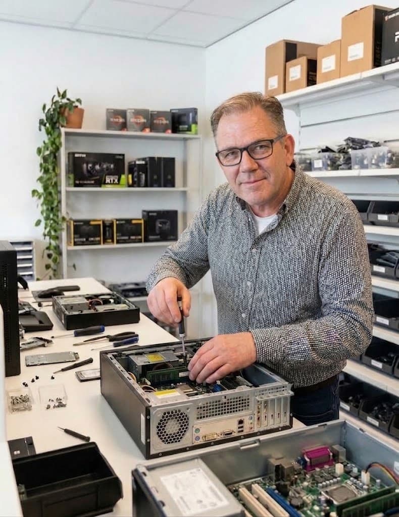 Dick aan de werkbank in de winkel in Veenendaal, bezig met een pc-reparatie